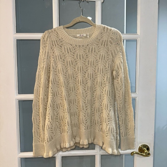 OhMG crochet ruffle Hem Textured Sweater Sz S Grandma core granny knit fuzzy tan - Picture 1 of 9